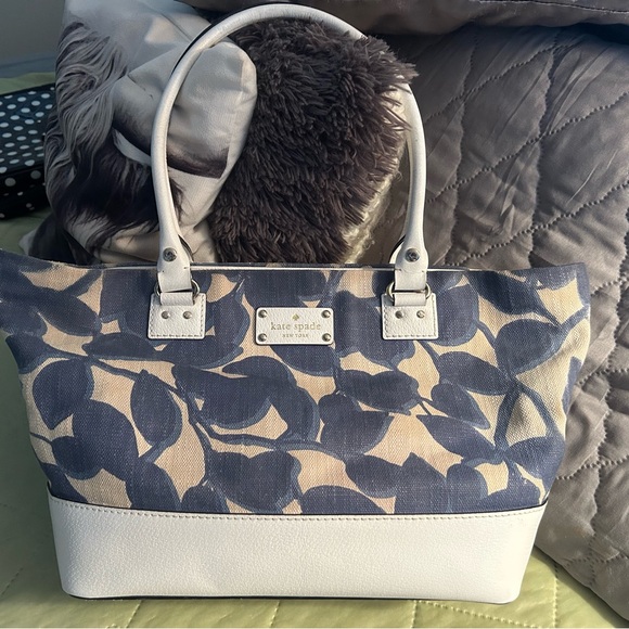 kate spade Handbags - kate spade Navy Leaf Canvas Tote with White Trim